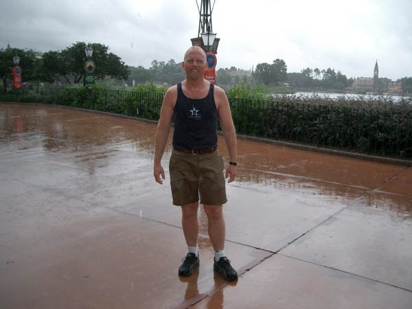 Dave is soaking wet at Epcot
