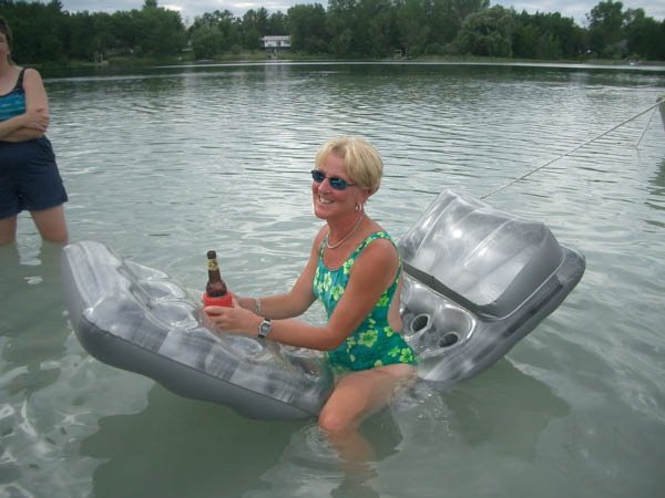 Marcia demonstrates true ladylike poise on the air mattress